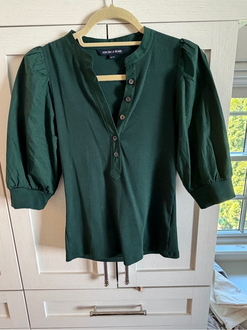 Veronica Beard Dark Green Button-Front Puff Sleeve Top